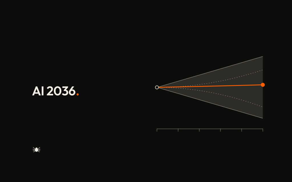 A forecast cone widening from a single present point across ten years, with the median path drawn through it in orange