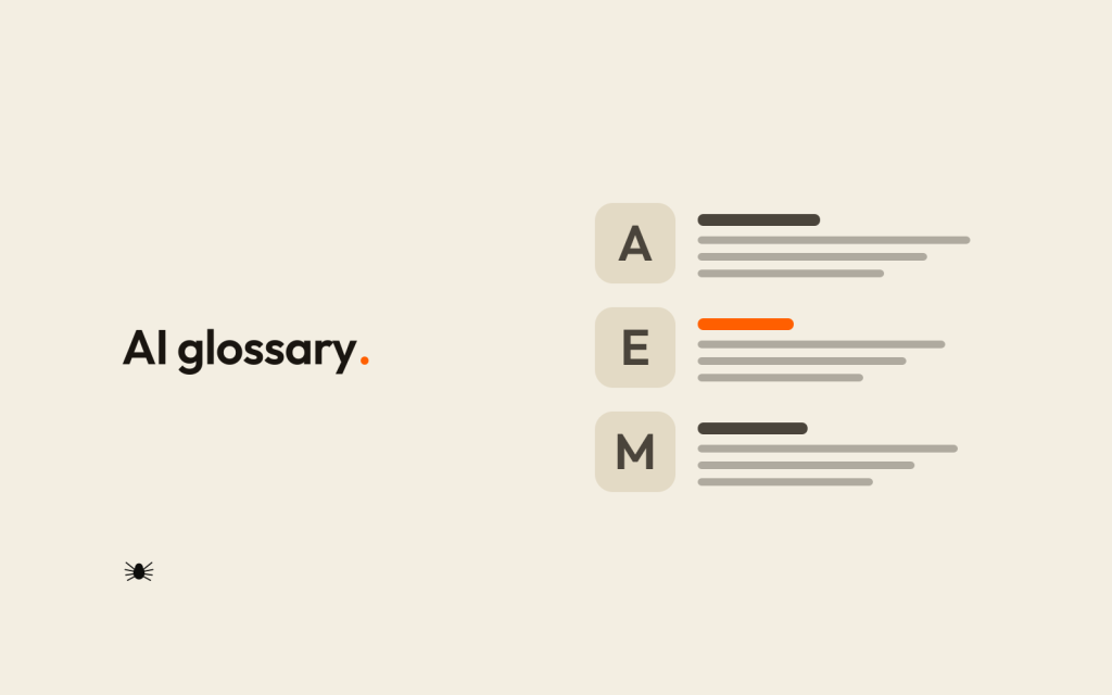 Diagram: three large letter blocks, A, E and M, each with one glossary entry beside it, a heading and three lines of definition, and the middle heading highlighted.