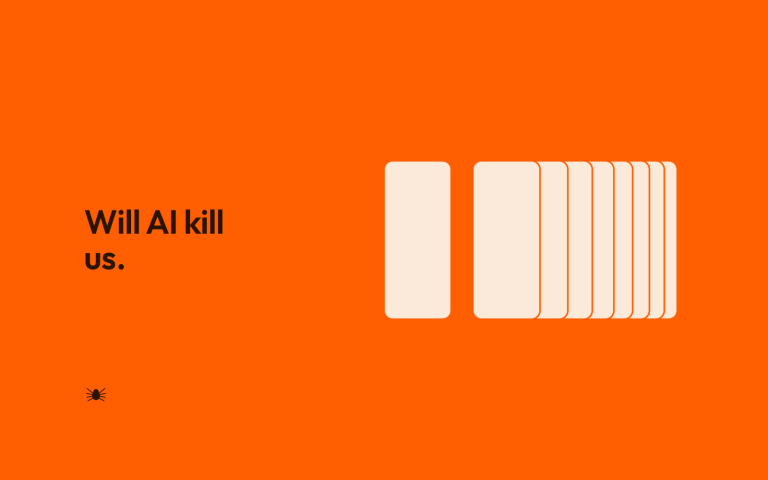 On an orange ground, a single tall cream rectangle stands apart, followed by a run of eight identical copies of it overlapping each other and closing up as they move right.